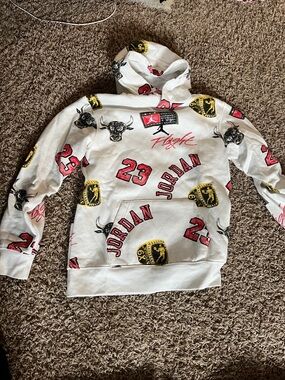 Jordan White Hoodie Sweater with Red and Yellow Accents